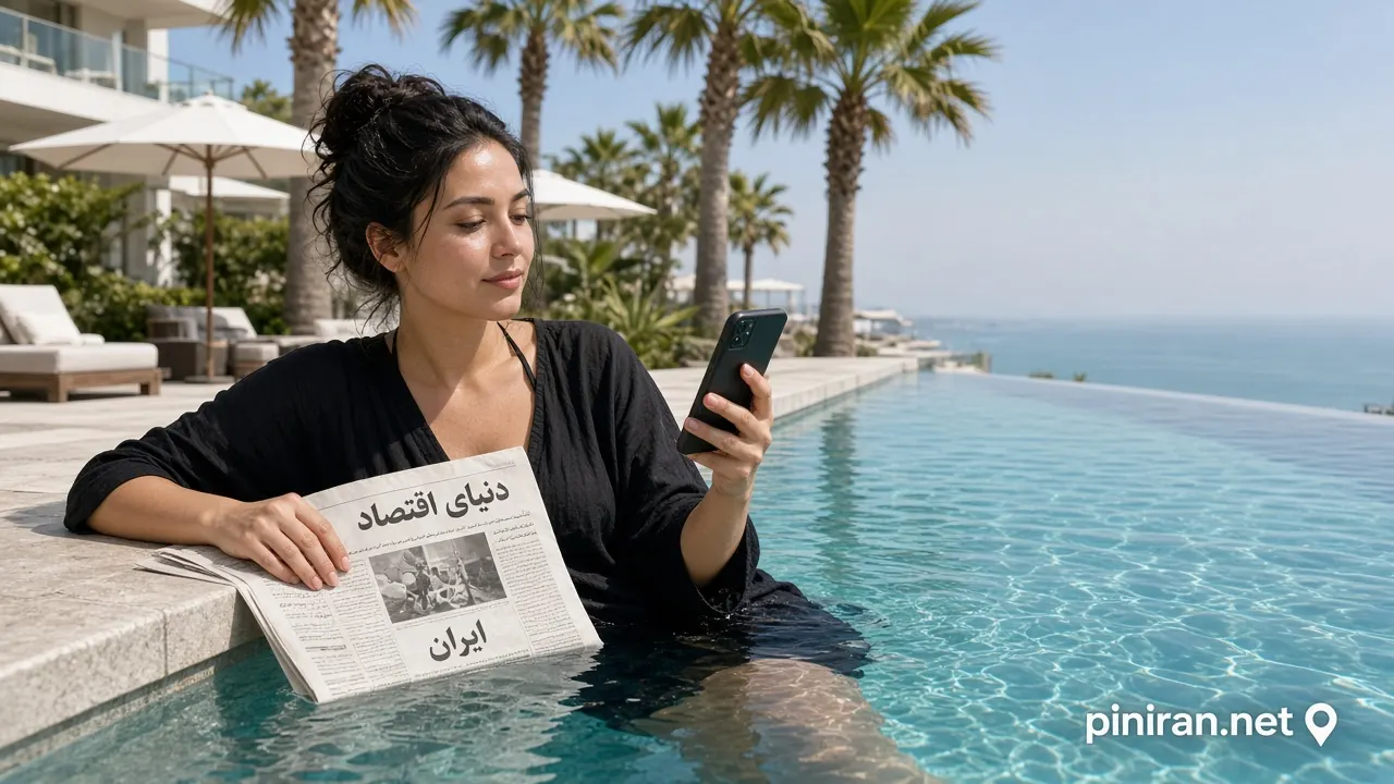 استخر بینهایت هتل با زنان در حال شنا و فضای فارسی