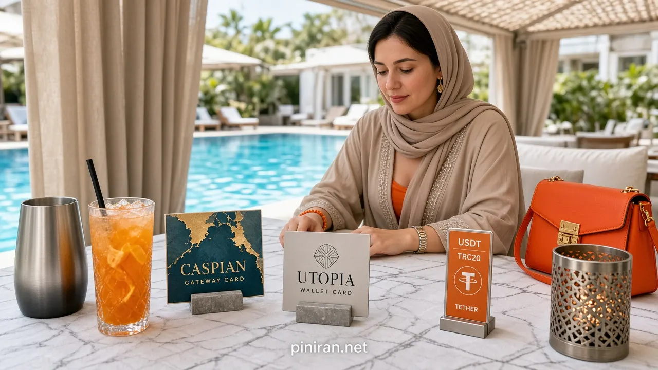 زن بالغ پشت میز استخر با کارت بانکی و کیف تتر برای واریز